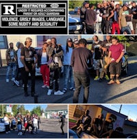 a group of people are standing in front of a car