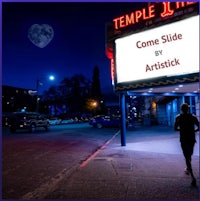 a man walking down a street with a sign that says temple theater come side by artistick